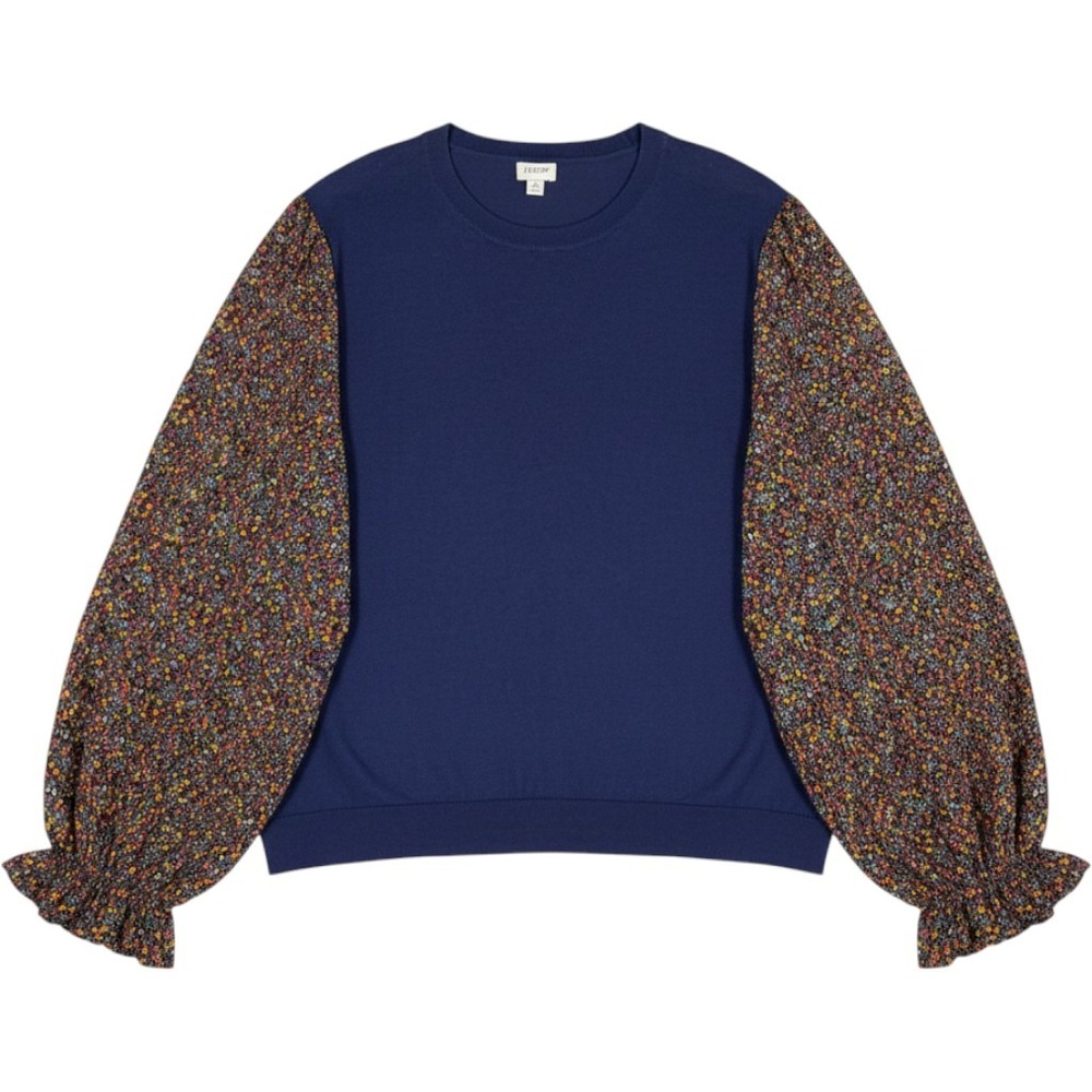 J.Crew Womens Navy Blue Floral Sheer Puff Sleeve Cotton Knit Sweater Size 2X